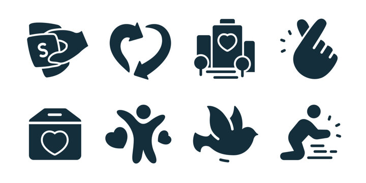 Charity and donation excellent icon collection. Set of money donation, heart arrows, volunteer podium, promise finger, donation box, helping person, dove, aid