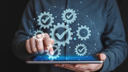 Close-up of a businessman's hand touching a tablet screen. With a holographic illustration of a setting.