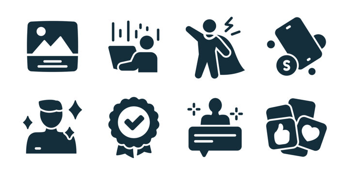 Influencer and blogging excellent icon collection. Set of influencer avatar, quality badge, live comment panel, like cards, image post, content creation, approval mark, social icons