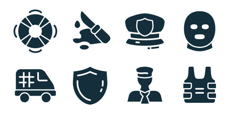 Emergency rescue and security excellent icon collection. Set of lifebuoy, knife, police cap, mask, police car, shield, officer, and life vest icons © stas111