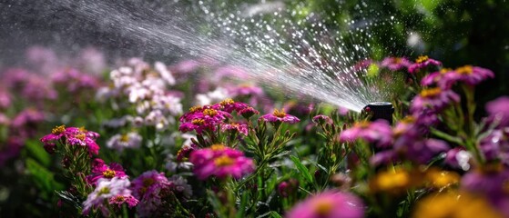 Sprinkler watering vibrant flowers