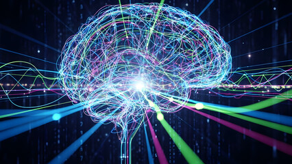 Vibrant digital brain with glowing neural connections and data streams