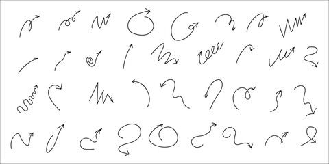 Doodle Spiral Arrows Set. Hand Drawn Arrows. Design Quirky Twist Line, Curve Wave Arrow.