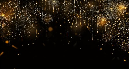 Golden Fireworks Display with Sparkling Effects on Black Background