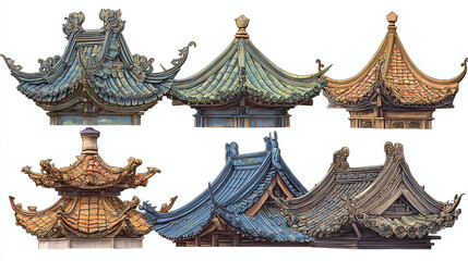 Intricate details of oriental-style roof structures showcasing unique designs