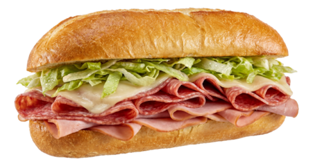 Italian sub sandwich with layers of salami, ham, provolone, and shredded lettuce on a hoagie roll.