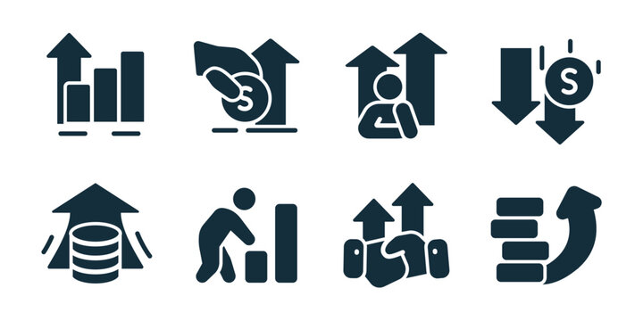 Business growth and financial performance excellent icon collection. Set of growth chart, investment increase, employee growth, profit decrease, warehouse storage, productivity progress icons