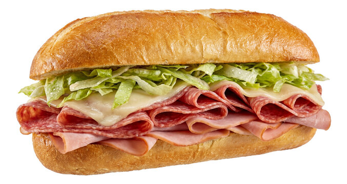 Italian sub sandwich with layers of salami, ham, provolone, and shredded lettuce on a hoagie roll.