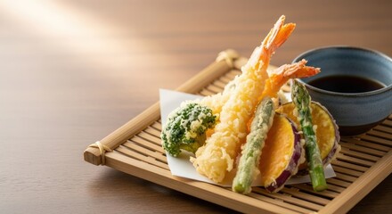 Crispy and delicious Japanese tempura platter featuring golden-fried shrimp and assorted fresh vegetables, served traditionally on a bamboo mat, perfect for an authentic culinary experience