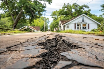 A cracked road reveals damage, with houses in the background surrounded by trees, illustrating the effects of natural disaster.