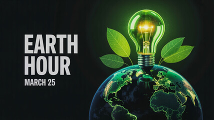 Earth hour light bulb on glowing planet with leaves, march 25 event