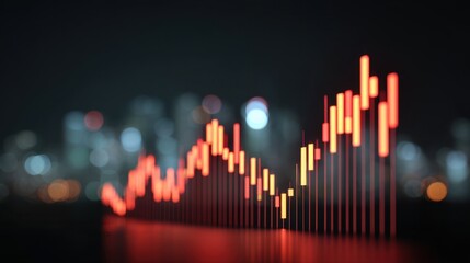 Abstract financial chart with glowing bars showing market trends and data visualization against a blurred urban night city skyline background