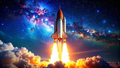 Obraz premium Space shuttle launching with fiery exhaust into star-filled cosmic sky featuring nebulae and distant planet