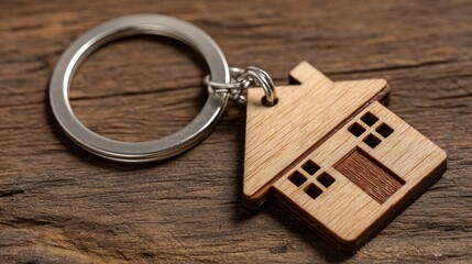 Wooden house keychain on rustic wood