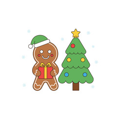 A cute gingerbread man wearing a Santa hat and holding a gift stands next to a decorated Christmas tree.