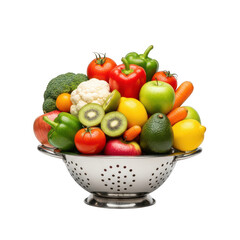Fresh assorted fruits and vegetables in a colander isolated on transparent background
