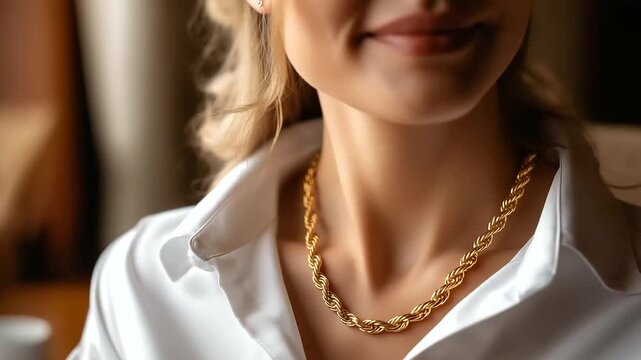 Close-up of faceless woman's neck and collarbone with delicate gold chain necklace wearing white shirt bathed in warm sunlight, jewelry detail photography, elegant accessory, with