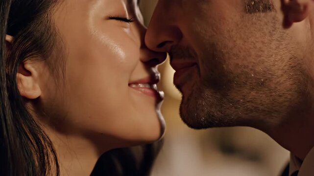 close up profile of asian woman and caucasian man faces. male lips near female cheek and ear. romantic couple whispering or kissing. love, intimacy and relationship concept.
