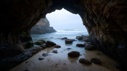 View from a sea cave looking out to the ocean with waves crashing on the rocky shore under a misty sky