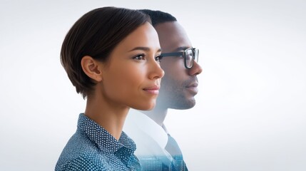 Profile juxtaposition of thoughtful woman and man, highlighting introspection, diversity, modern connection, and the interplay of technology and humanity