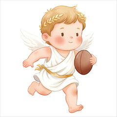 Cute Cupid Angel Playing Rugby Run Watercolor Vector Illustration Isolated on White Background
