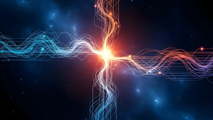 Vibrant glowing lines intersect in a dynamic cosmic background