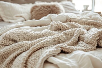 A cozy bed scene featuring soft, textured blankets and pillows, creating a warm and inviting atmosphere for relaxation.