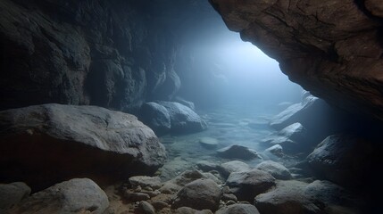 Mysterious underwater cave illuminated by a soft light beam revealing clear water and rocky formations