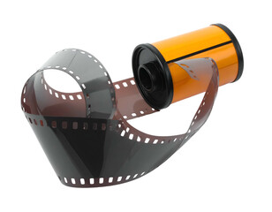 Unspooled film from orange canister, on black background
