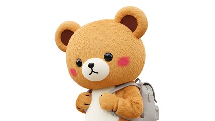 Obraz premium Cute brown bear mascot character with rosy cheeks and a grey backpack on a plain white background.