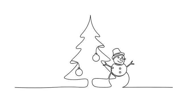 Minimal Single Line Christmas Tree with Snowman Illustration