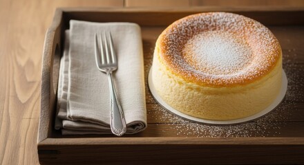 Fluffy Japanese Soufflé Cheesecake dusted with Powdered Sugar, served on a wooden tray with a fork and napkin