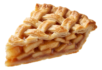 Apple pie slice with visible lattice crust and spiced apple filling.