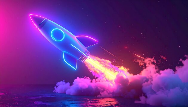 Neon rocket launching with vibrant pink and blue smoke against a dark background, reflecting off surface
