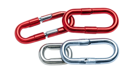 3D closeup of a strong steel climbing rope and silver metal chain with a red carabiner clip isolated on white for mountaineering safety and secure connection