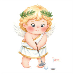 Cute Cupid Angel Putting Golf Watercolor Vector Illustration Isolated on White Background
