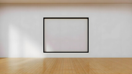 Minimalist Black Frame on White Wall in Modern Interior Space. Empty room with Black Square picture Frame with Polished Wooden Floor and Soft Lighting. copyspace