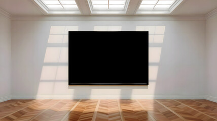 Minimalist Black Rectangular Canvas on White Wall in Modern Gallery with Skylight Shadows and Elegant Wood Flooring. Empty room with picture frame. Copyspace