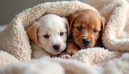 Two fluffy puppies nestled together under soft, warm blanket. Innocent eyes gaze outwards, creating heartwarming scene of comfort, companionship. Adorable image conveys feelings of love, security.