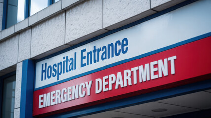 Hospital entrance sign with emergency department indicator