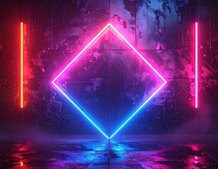 Neon diamond frame with vertical bars on a textured wall with wet floor, lit in blue and red