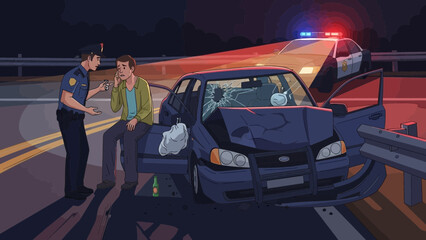 Police officer talking to driver after nighttime car accident © Chathuranga