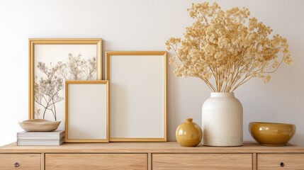 Home decor display on wooden sideboard