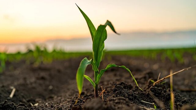 Young plant sprouting from dark soil, with leaves reaching toward the sky, during the golden hour