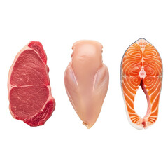 Raw steak chicken breast and salmon steak isolated on transparent background