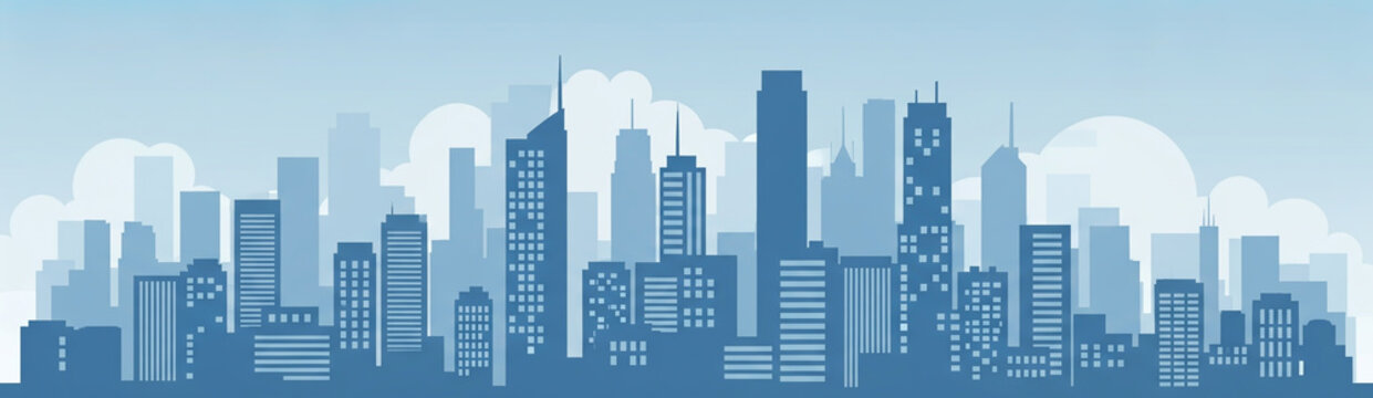 Flat design city skyline in blue tones. Perfect for business banners, corporate headers, and real estate ads.