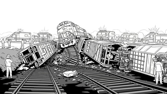 Train crash scene with emergency responders and damaged carriages