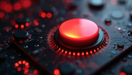 Close up of glowing red button on black circuit board. Shiny tech component, digital interface element with diffused red lights. Futuristic design for control panel, data system, or machine.