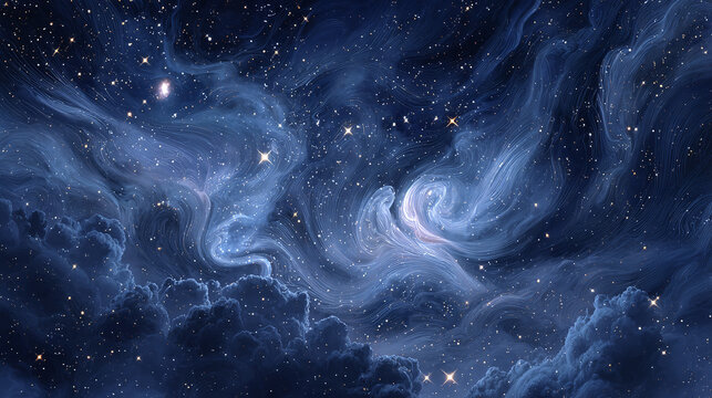A breathtaking image of the night sky, filled with stars and nebulas. The swirling clouds add to the cosmic beauty of the scene