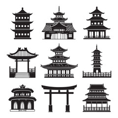 Asian Architecture Icon Set, A comprehensive collection of black silhouette vector icons featuring traditional Asian temples, pagodas, gates, and bridges (2).eps